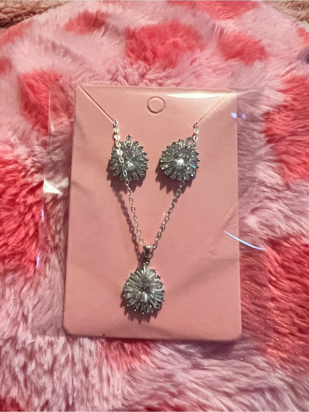 Silver Crystal Sunburst Necklace and Earring Set